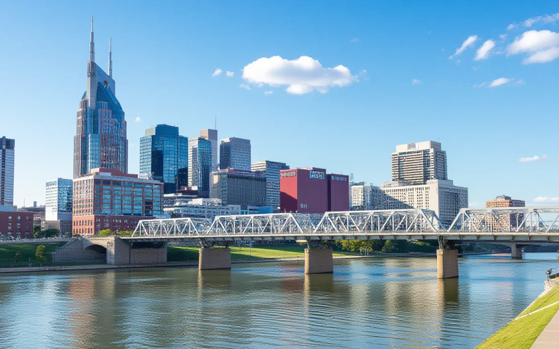 Downtown Nashville, Tennessee on a clear morning, the skyline and the Cumberland River under a blue sky