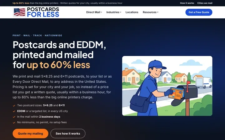 The home page of Postcards For Less at postcardsforless.com