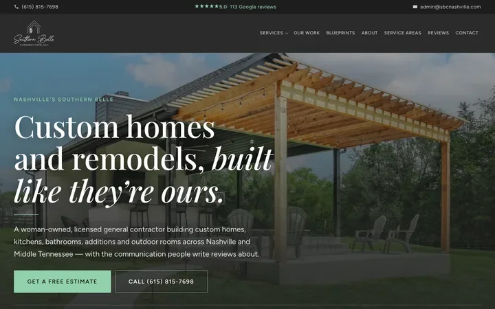 The home page of Southern Belle Construction at sbcnashville.com